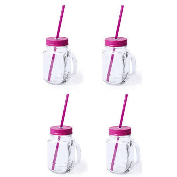 4x stuks Drink potjes van glas Mason Jar roze deksel 500 ml - Drinkbekers