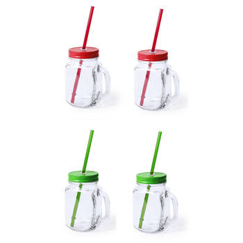 4x stuks drink potjes van glas Mason Jar groen/rood 500 ml - Drinkbekers