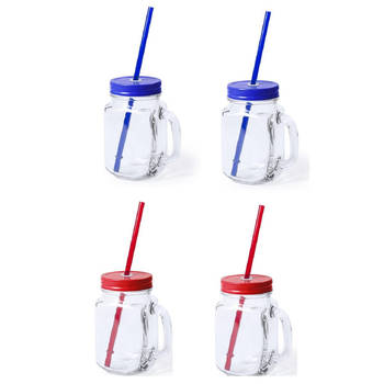 4x stuks drink potjes van glas Mason Jar blauw/rood 500 ml - Drinkbekers