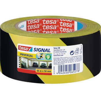 1x Tesa aanduidingtape geel met zwart 5 cm x 66 mtr - Tape (klussen)