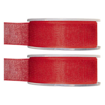 2x Rode organzalint rollen 2,5 cm x 20 meter cadeaulint verpakkingsmateriaal - Cadeaulinten