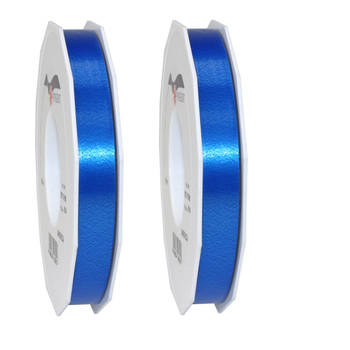 2x Luxe blauwe kunststof linten rollen 1,5 cm x 91 meter cadeaulint verpakkingsmateriaal - Cadeaulinten