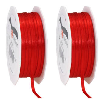 2x Luxe rode satijnen lint rollen 0,3 cm x 50 meter cadeaulint verpakkingsmateriaal - Cadeaulinten