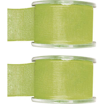 2x Groene organzalint rollen 4 cm x 20 meter cadeaulint verpakkingsmateriaal - Cadeaulinten
