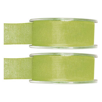 2x Groene organzalint rollen 2,5 cm x 20 meter cadeaulint verpakkingsmateriaal - Cadeaulinten