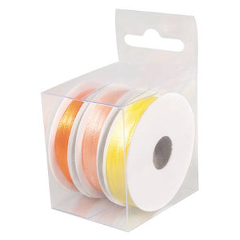 3x Rollen satijnlint kleurenmix oranje rol 10 cm x 6 meter cadeaulint verpakkingsmateriaal - Cadeaulinten