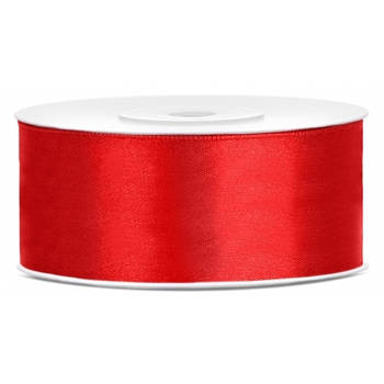 1x Rood satijnlint rol 2,5 cm x 25 meter cadeaulint verpakkingsmateriaal - Cadeaulinten