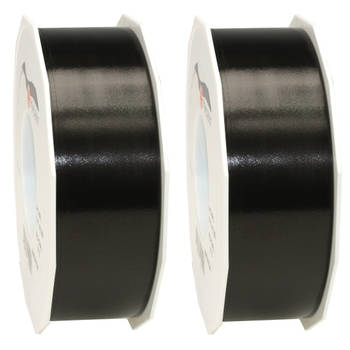 2x Luxe zwarte kunststof linten rollen 4 cm x 91 meter cadeaulint verpakkingsmateriaal - Cadeaulinten