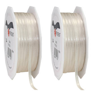 2x Luxe beige satijnen lint rollen 0,3 cm x 50 meter cadeaulint verpakkingsmateriaal - Cadeaulinten