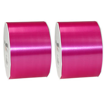 2x Brede luxe fuchsia roze kunststof linten rollen 9 cm x 91 meter cadeaulint verpakkingsmateriaal - Cadeaulinten