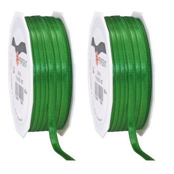 2x Luxe groene satijnen lint rollen 0,6 cm x 50 meter cadeaulint verpakkingsmateriaal - Cadeaulinten
