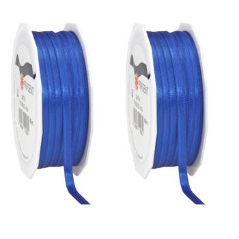 2x Luxe blauwe satijnen lint rollen 0,6 cm x 50 meter cadeaulint verpakkingsmateriaal - Cadeaulinten