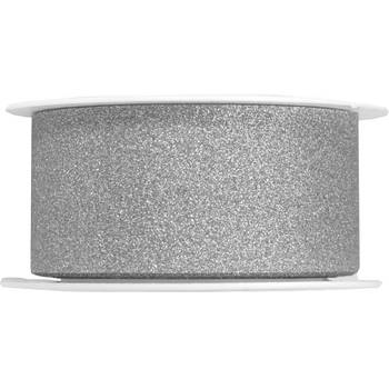 1x Zilveren satijnlinten met glitters op rol 3 cm x 5 meter cadeaulint verpakkingsmateriaal - Cadeaulinten