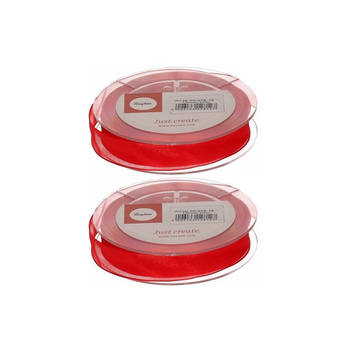 2x Rode organzalint rollen 1,5 cm x 10 meter cadeaulint/kadolint verpakkingsmateriaal - Cadeaulinten