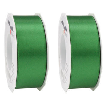 2x Luxe groene satijnen lint rollen breed 4 cm x 25 meter cadeaulint verpakkingsmateriaal - Cadeaulinten