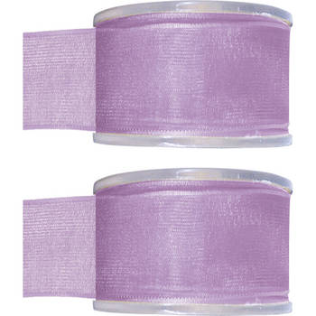 2x Lila organzalint rollen 4 cm x 20 meter cadeaulint verpakkingsmateriaal - Cadeaulinten