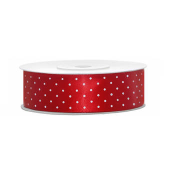 1x Rood satijnlint met stippen rol 2,5 cm x 25 meter cadeaulint verpakkingsmateriaal - Cadeaulinten