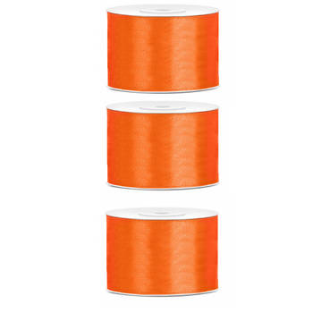 3x Oranje satijnlint rollen 5 cm x 25 meter cadeaulint verpakkingsmateriaal - Cadeaulinten