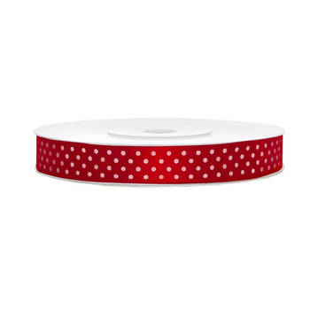 1x Rood satijnlint met witte stippen rollen 1,2 cm x 25 meter cadeaulint verpakkingsmateriaal - Cadeaulinten