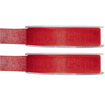 2x Rode organzalint rollen 1,5 cm x 20 meter cadeaulint verpakkingsmateriaal - Cadeaulinten
