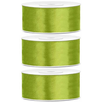 3x Lime groene satijnlinten op rol 2,5 cm x 25 meter cadeaulint verpakkingsmateriaal - Cadeaulinten