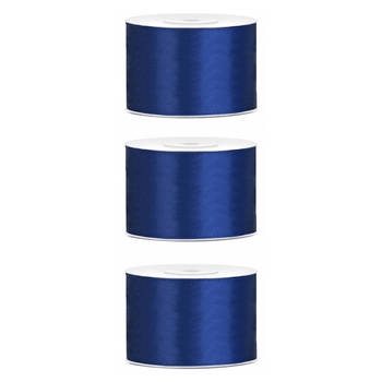 3x Donkerblauwe satijnlint rollen 5 cm x 25 meter cadeaulint verpakkingsmateriaal - Cadeaulinten