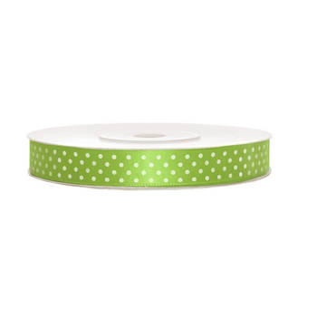 1x Appel groen satijnlint met witte stippen rollen 1,2 cm x 25 meter cadeaulint verpakkingsmateriaal - Cadeaulinten