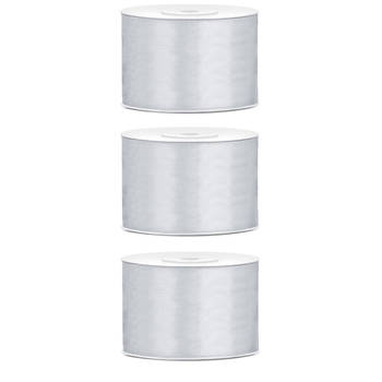 3x Zilveren satijnlint rollen 5 cm x 25 meter cadeaulint verpakkingsmateriaal - Cadeaulinten