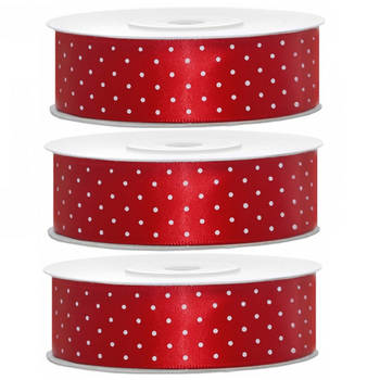 3x Rode satijnlinten met stippen rol 2,5 cm x 25 meter cadeaulint verpakkingsmateriaal - Cadeaulinten