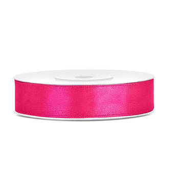 1x Donker roze satijnlint rollen 1,2 cm x 25 meter cadeaulint verpakkingsmateriaal - Cadeaulinten