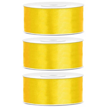 3x Gele satijnlinten op rol 2,5 cm x 25 meter cadeaulint verpakkingsmateriaal - Cadeaulinten