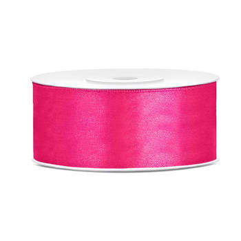 1x Donker roze satijnlint op rol 2,5 cm x 25 meter cadeaulint verpakkingsmateriaal - Cadeaulinten