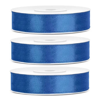 3x Kobaltblauwe satijnlinten op rol 1,2 cm x 25 meter cadeaulint verpakkingsmateriaal - Cadeaulinten