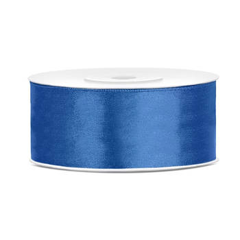 1x Helderblauw satijnlint op rol 2,5 cm x 25 meter cadeaulint verpakkingsmateriaal - Cadeaulinten