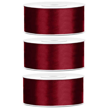 3x Bordeaux rode satijnlinten op rol 2,5 cm x 25 meter cadeaulint verpakkingsmateriaal - Cadeaulinten