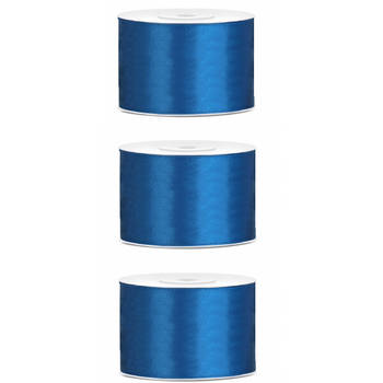 3x Blauwe satijnlint rollen 5 cm x 25 meter cadeaulint verpakkingsmateriaal - Cadeaulinten