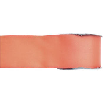 1x Koraal roze satijnlint rollen 2,5 cm x 25 meter cadeaulint verpakkingsmateriaal - Cadeaulinten