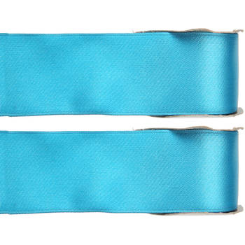 2x Turquoise satijnlint rollen 2,5 cm x 25 meter cadeaulint verpakkingsmateriaal - Cadeaulinten