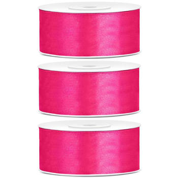 3x Donker roze satijnlinten op rol 2,5 cm x 25 meter cadeaulint verpakkingsmateriaal - Cadeaulinten