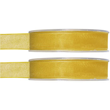 2x Gele organzalint rollen 1,5 cm x 20 meter cadeaulint verpakkingsmateriaal - Cadeaulinten