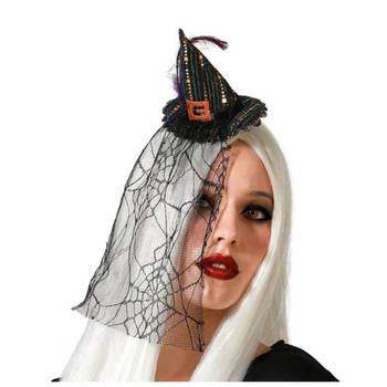Halloween heksenhoed - mini hoedje op diadeem - one size - zwart - met sluier - meisjes/dames - Verkleedhoofddeksels