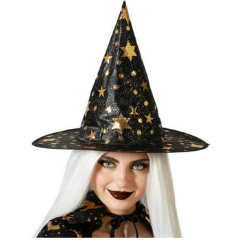 Halloween heksenhoed - met sterren - one size - zwart/goud - meisjes/dames - Verkleedhoofddeksels