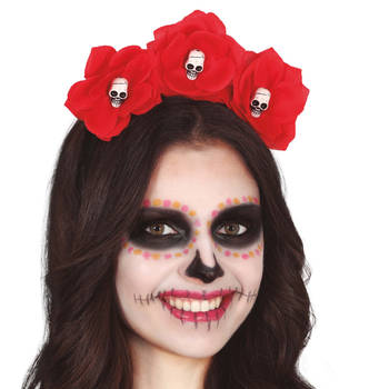 Halloween verkleed diadeem - bloemen en schedels - one size - rood - meisjes/dames - Verkleedhoofddeksels