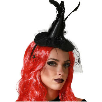 Halloween heksenhoed - mini hoedje op diadeem - one size - zwart - met sluier - meisjes/dames - Verkleedhoofddeksels