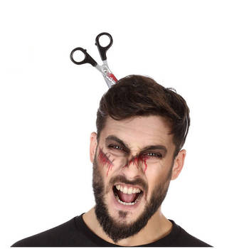 Halloween/horror verkleed hoofdband - dikke pech - schaar in je hoofd - kunststof - Verkleedhoofddeksels