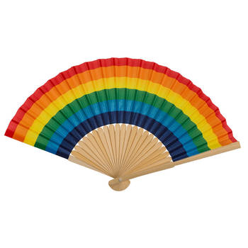 Spaanse hand waaier - Pride/Regenboog thema kleuren - bamboe/papier - 21 cm - Verkleedattributen