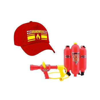 Brandweer met vlam carnaval pet met waterpistool brandblusser - Verkleedattributen