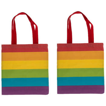 Draagtas - 2x - Pride/regenboog thema kleuren - katoen - 35 x 40 cm - Verkleedattributen