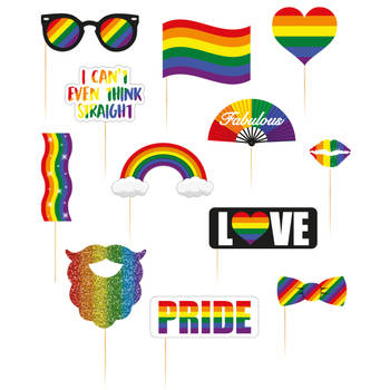 Foto prop set - gay pride - 12-delig - regenboog/rainbow vlag - LHBTI/LGBTQ photo booth accessoires - Fotoprops
