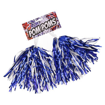 2x Cheerballs/Pompoms in het blauw/wit - Verkleedsieraden
